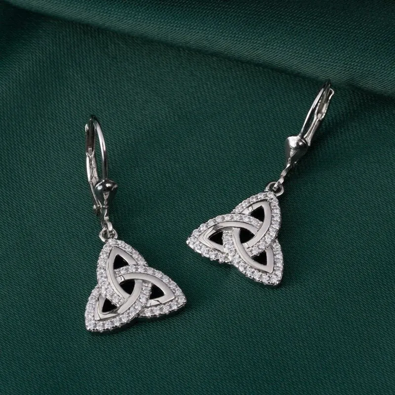 Sterling Silver Celtic CZ Trinity Knot Drop Earrings S33699