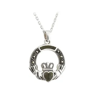 Sterling Silver Claddagh Pendant with Connemara Marble and Marcasite S45475