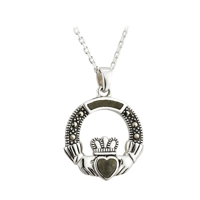 Sterling Silver Claddagh Pendant with Connemara Marble and Marcasite S45475