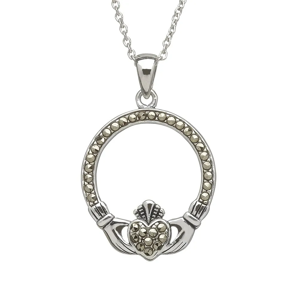 Sterling Silver Marcasite Claddagh Pendant with Chain - ANU1106