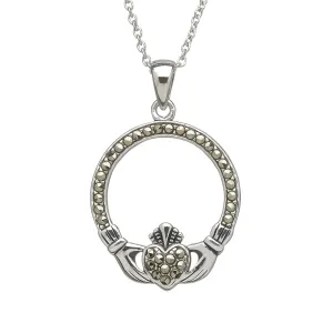 Sterling Silver Marcasite Claddagh Pendant with Chain - ANU1106
