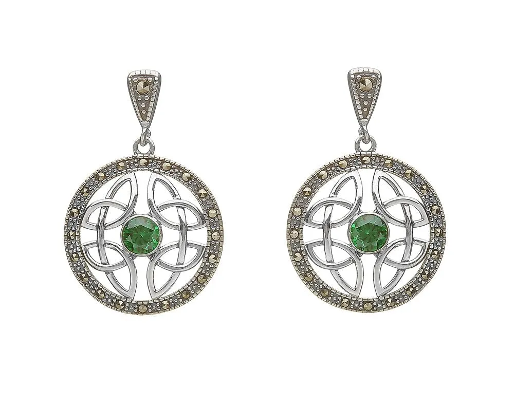 Sterling Silver Marcasite Green CZ Trinity Earrings - ANU2074