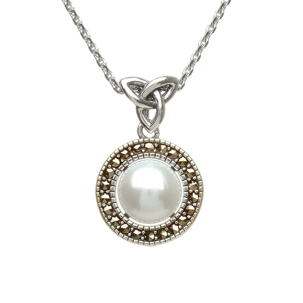 Sterling Silver Marcasite Trinity Fresh Water Pearl Pendant and Chain - ANU1140