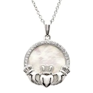 Sterling Silver Mother of Pearl Claddagh Pendant with Chain - SW231