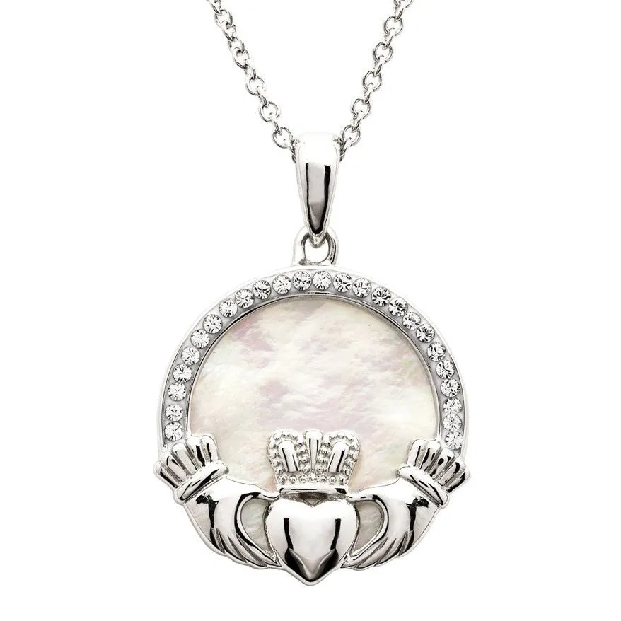 Sterling Silver Mother of Pearl Claddagh Pendant with Chain - SW231