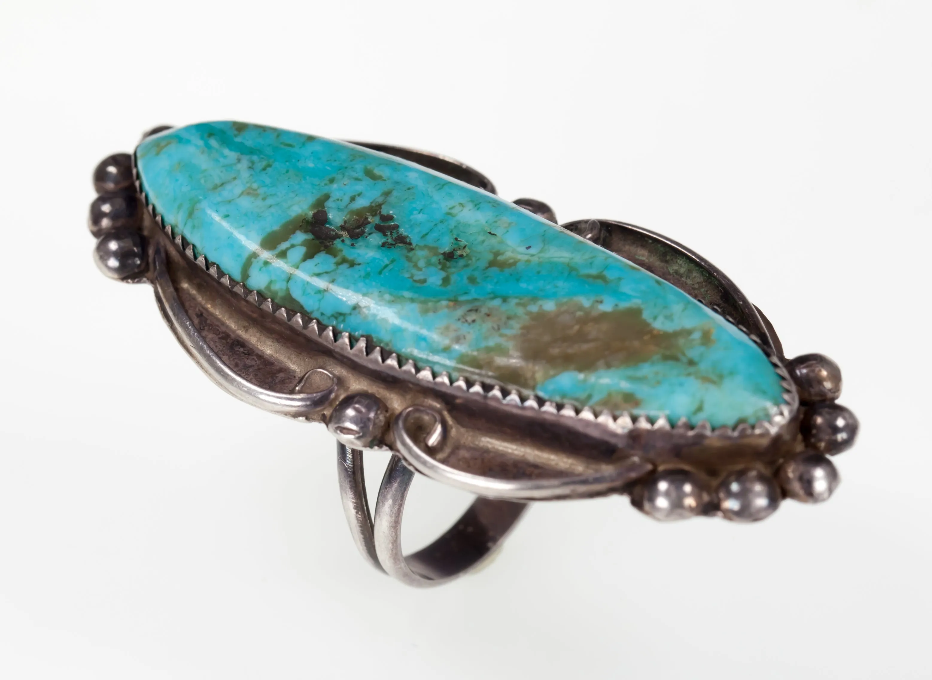 Sterling Silver Navajo Turquoise Long Ring with Bead Accents Size 8.75