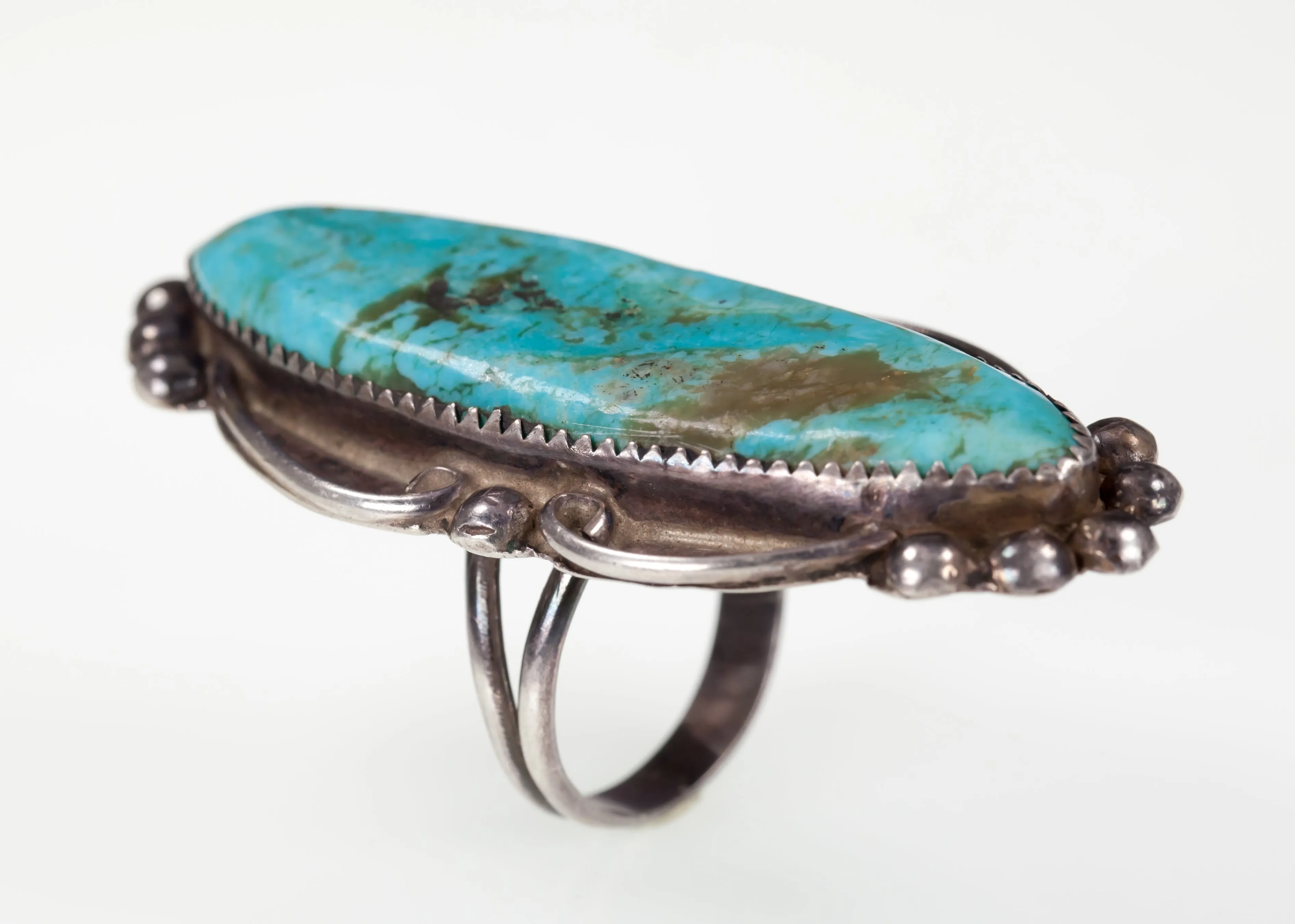 Sterling Silver Navajo Turquoise Long Ring with Bead Accents Size 8.75