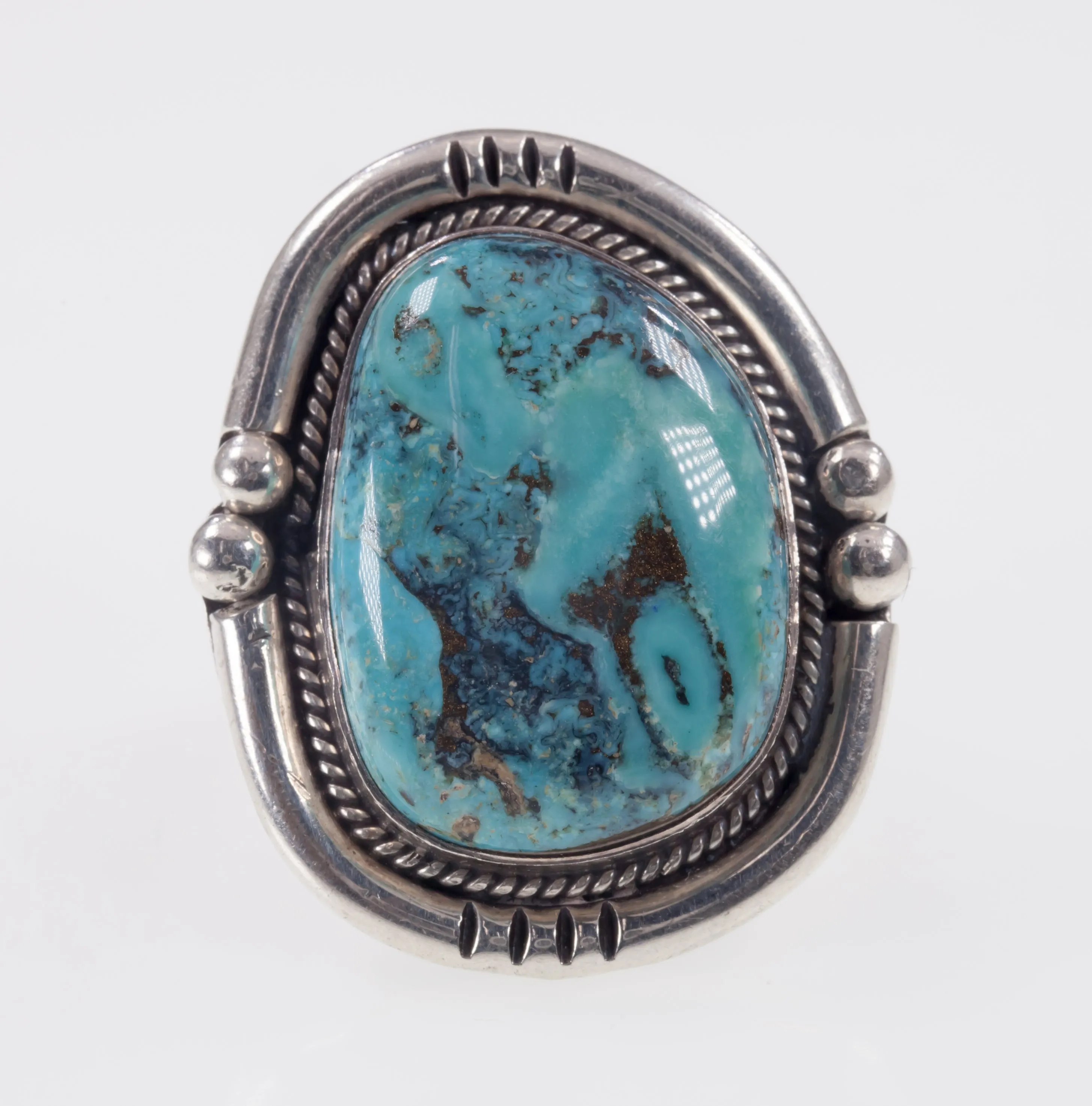 Sterling Silver Navajo Turquoise Ring with Bead Accents Size 8