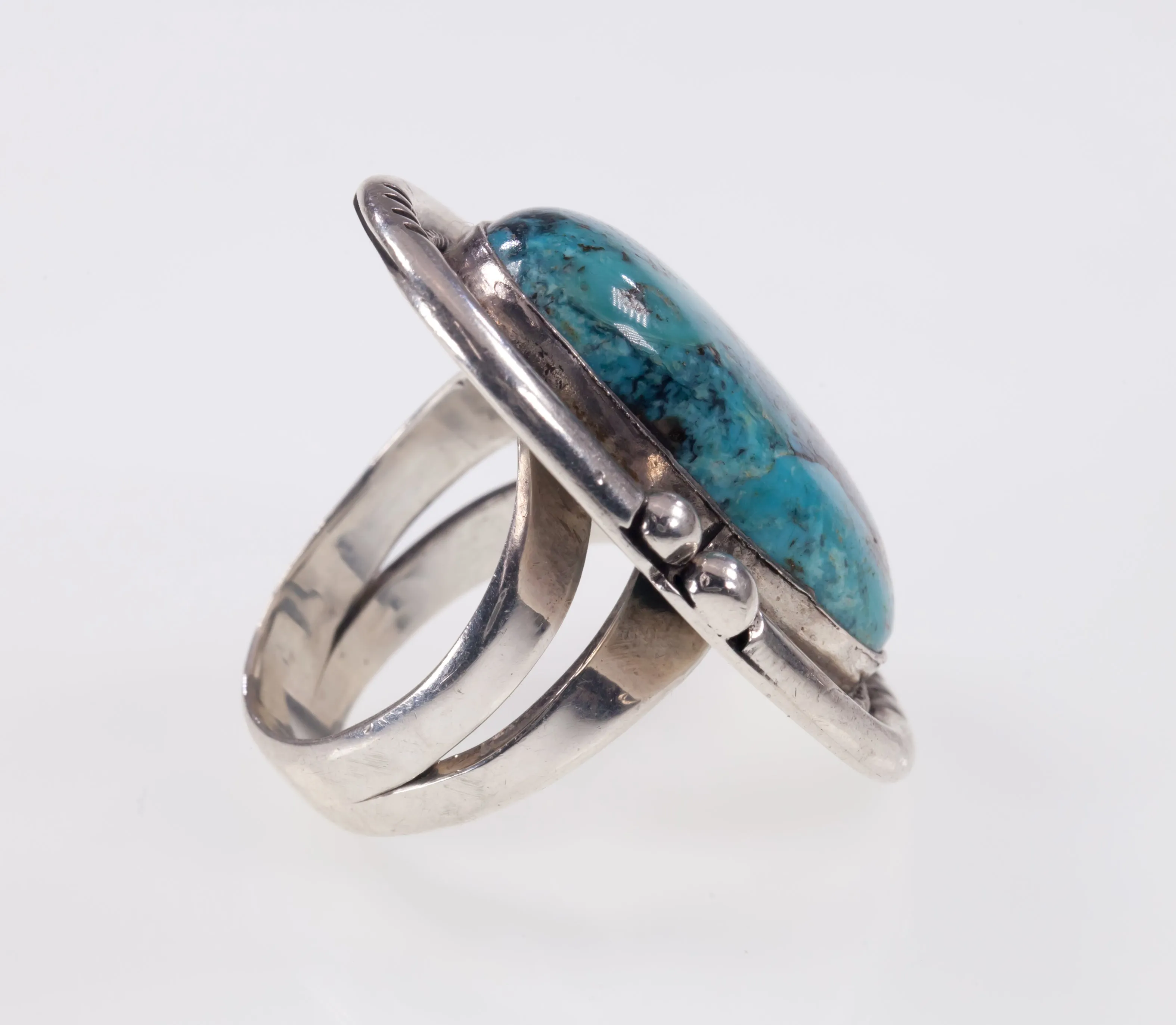 Sterling Silver Navajo Turquoise Ring with Bead Accents Size 8