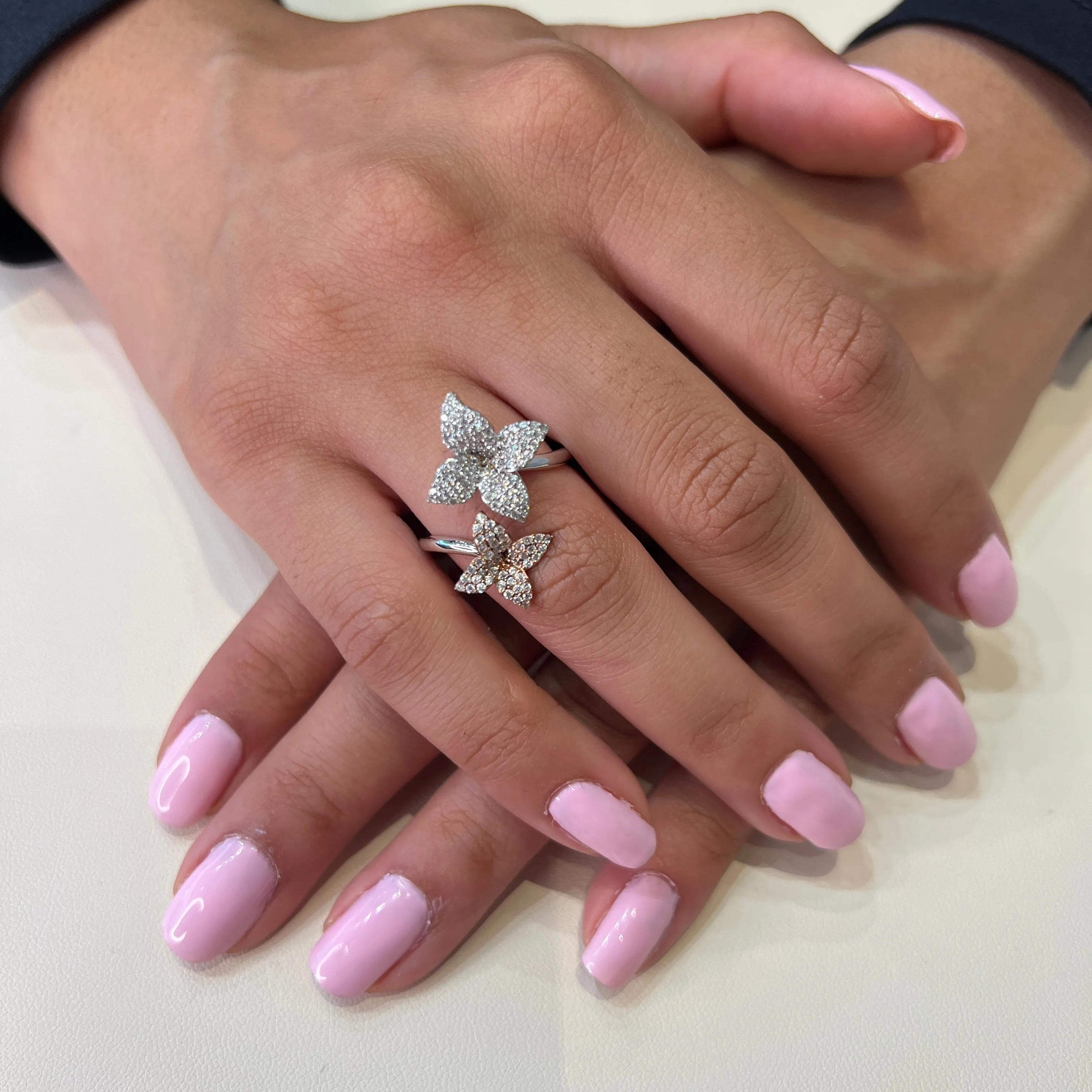 Sterling Silver Rhodium and Rose Gold Plated CZ Floral Ring