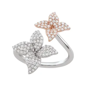 Sterling Silver Rhodium and Rose Gold Plated CZ Floral Ring