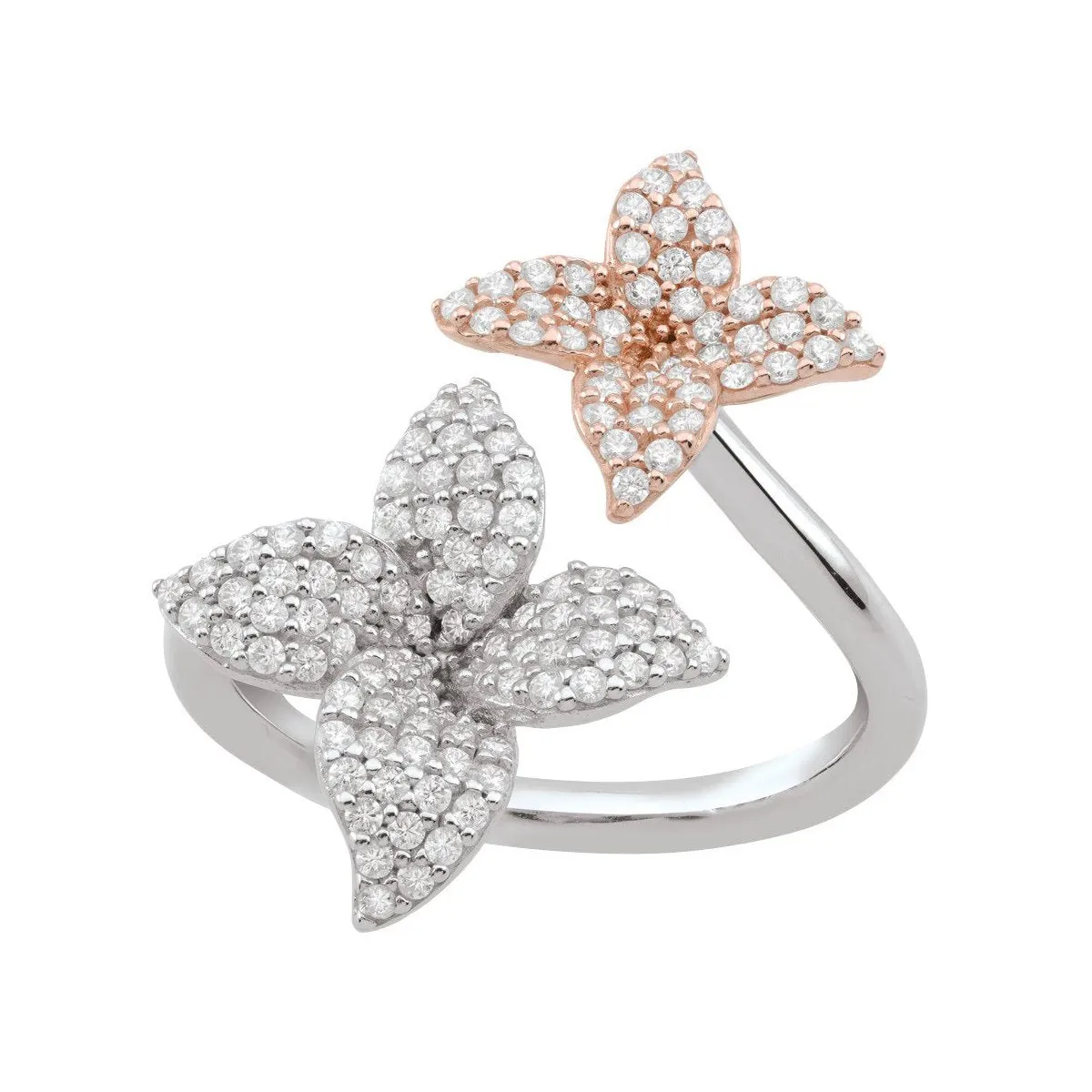 Sterling Silver Rhodium and Rose Gold Plated CZ Floral Ring