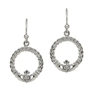 Sterling Silver Small Claddagh Drop Earrings with CZ Heart - ANU2048