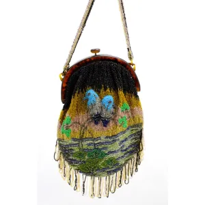 Stunning Antique Vintage Beaded Bag 1920s Bluebirds of Happiness Motif Celluloid Frame Worthy of Miss Fisher