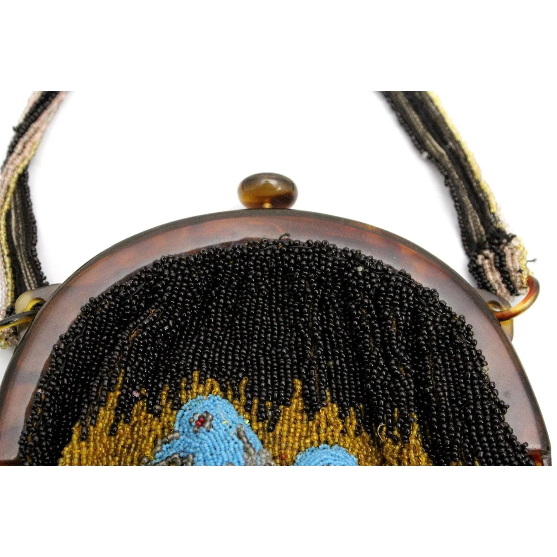 Stunning Antique Vintage Beaded Bag 1920s Bluebirds of Happiness Motif Celluloid Frame Worthy of Miss Fisher