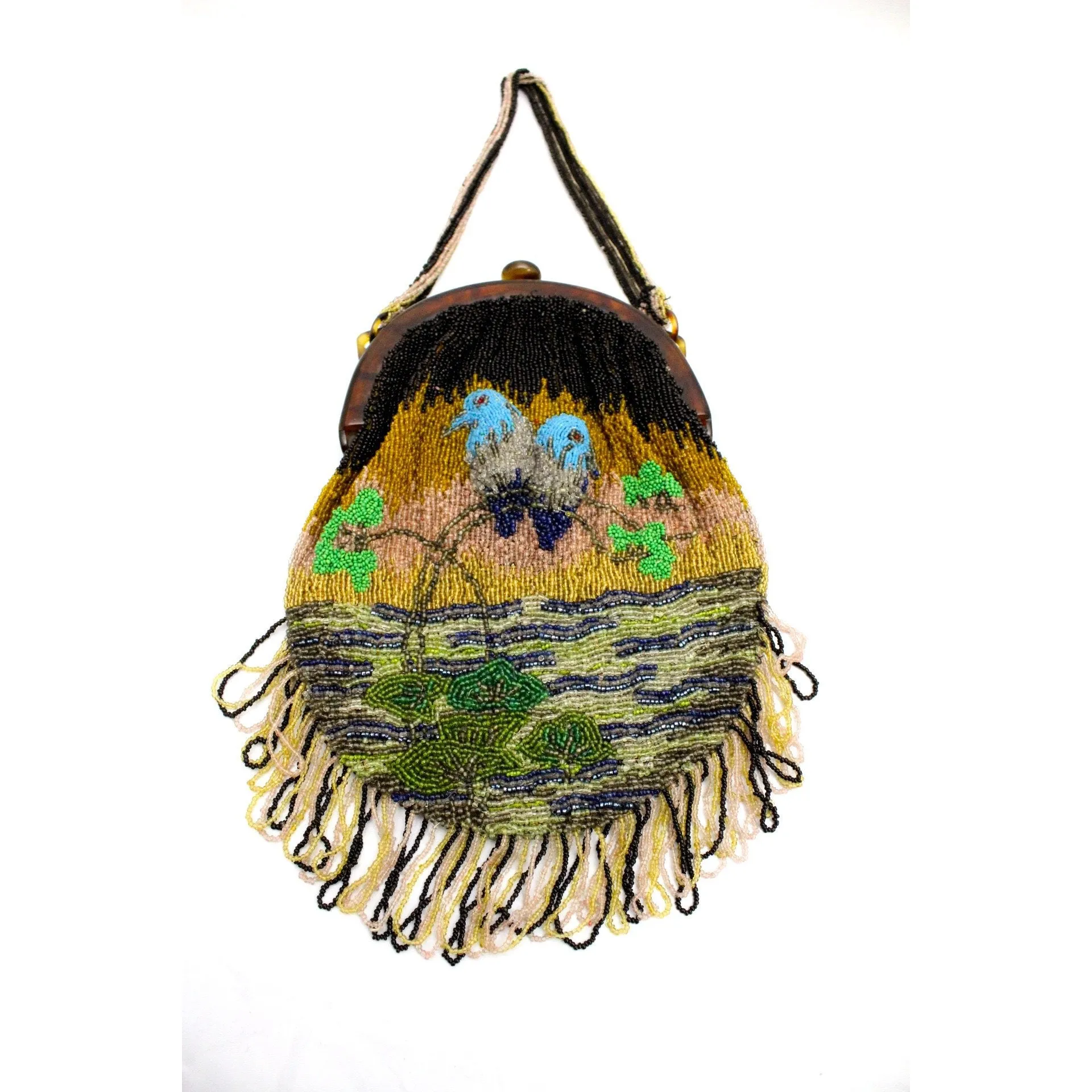 Stunning Antique Vintage Beaded Bag 1920s Bluebirds of Happiness Motif Celluloid Frame Worthy of Miss Fisher
