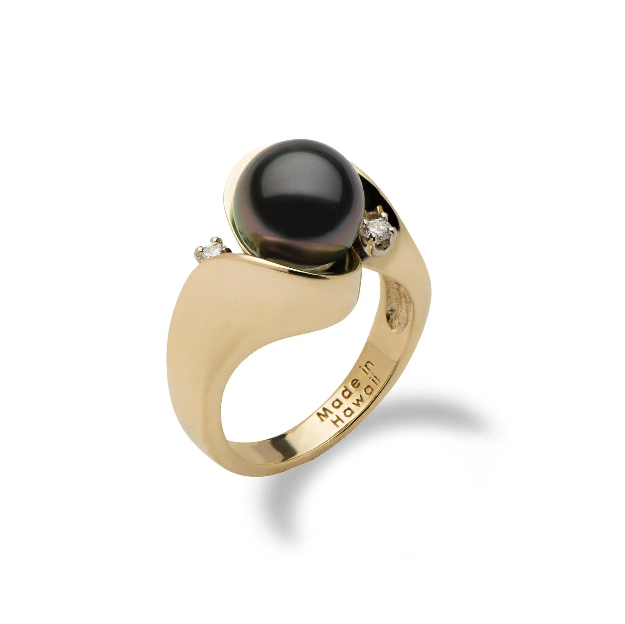 Tahitian Black Pearl Ring in Gold with Diamonds - 9-10mm