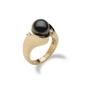 Tahitian Black Pearl Ring in Gold with Diamonds - 9-10mm