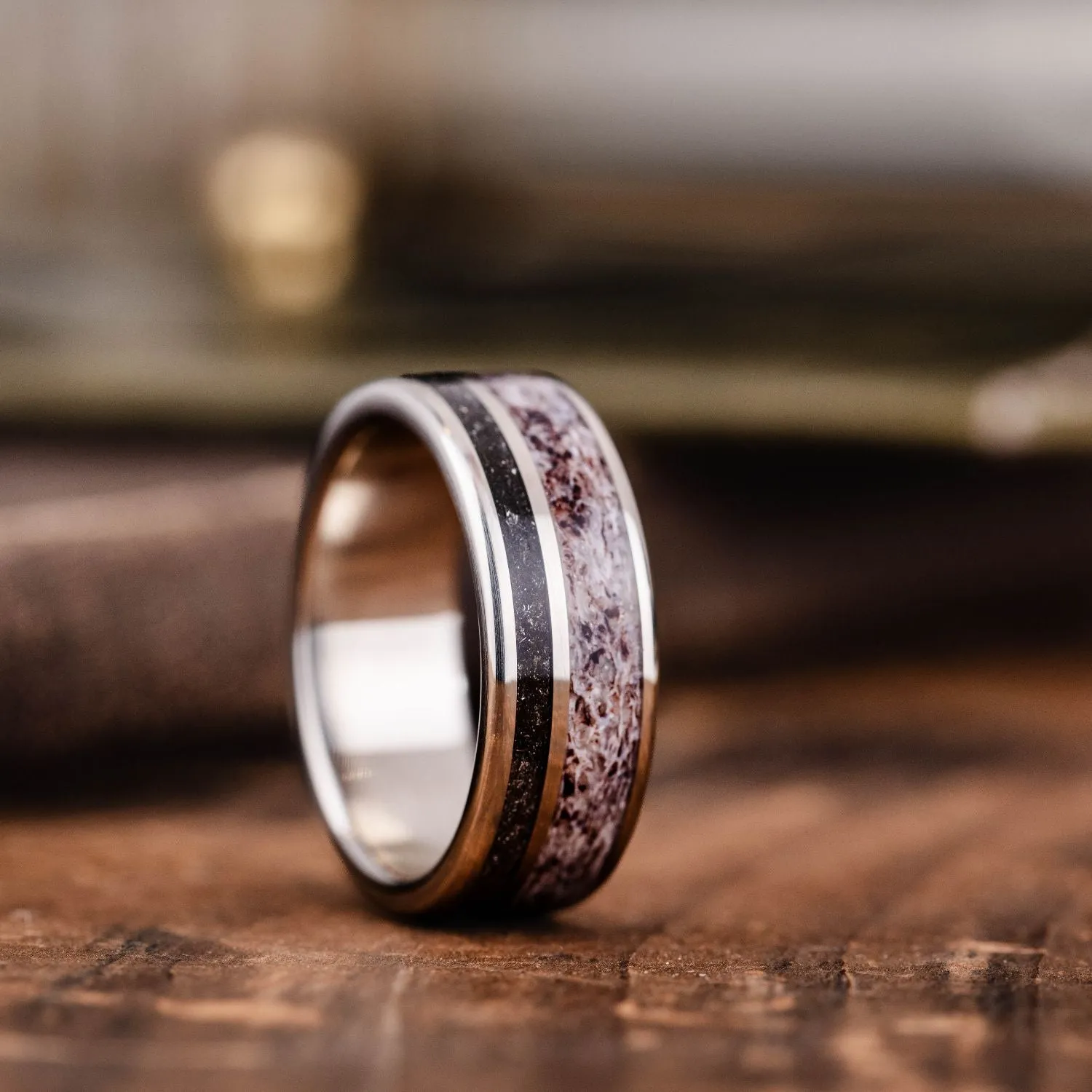 The Orion | Men's Gold Wedding Band with Meteorite & Elk Antler