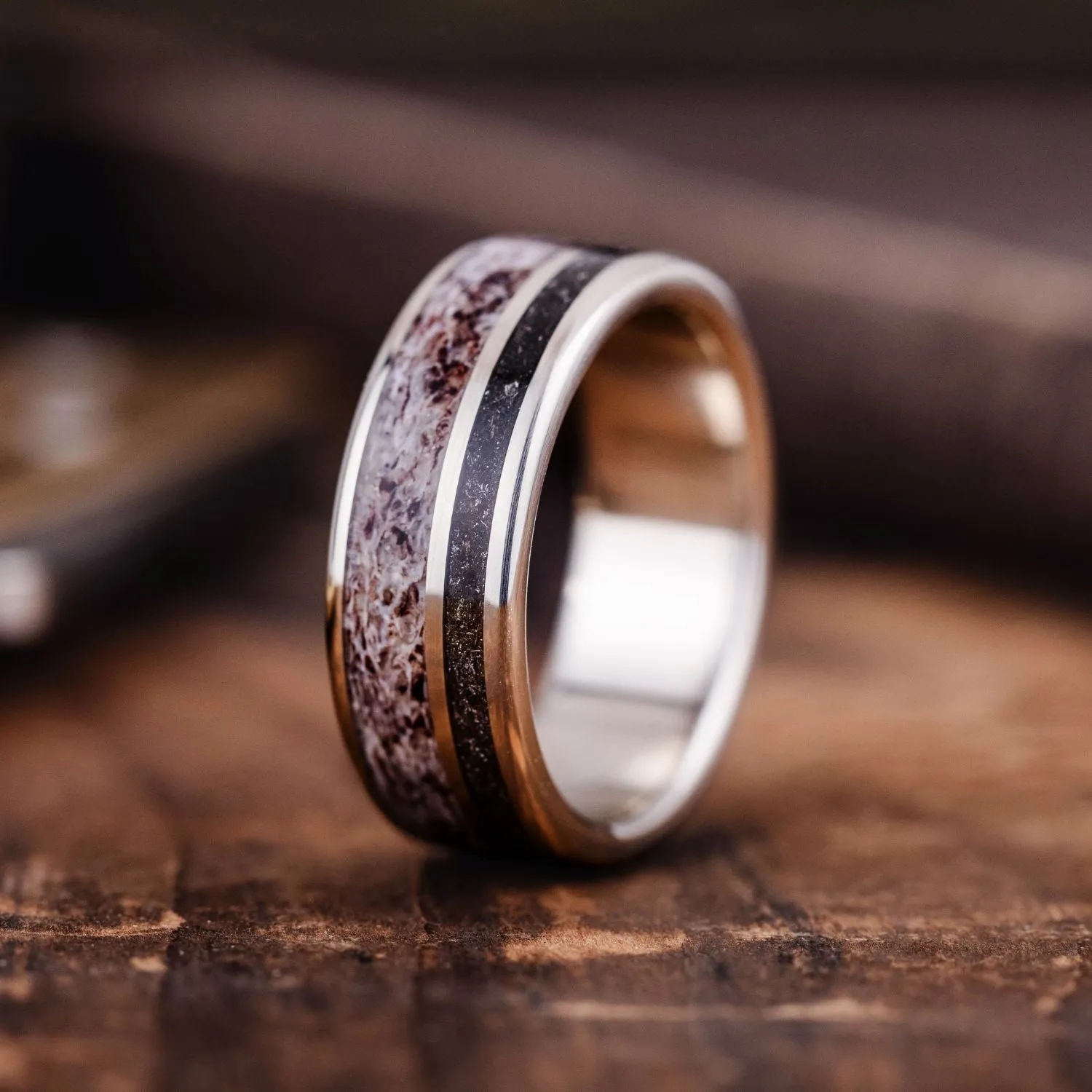 The Orion | Men's Gold Wedding Band with Meteorite & Elk Antler