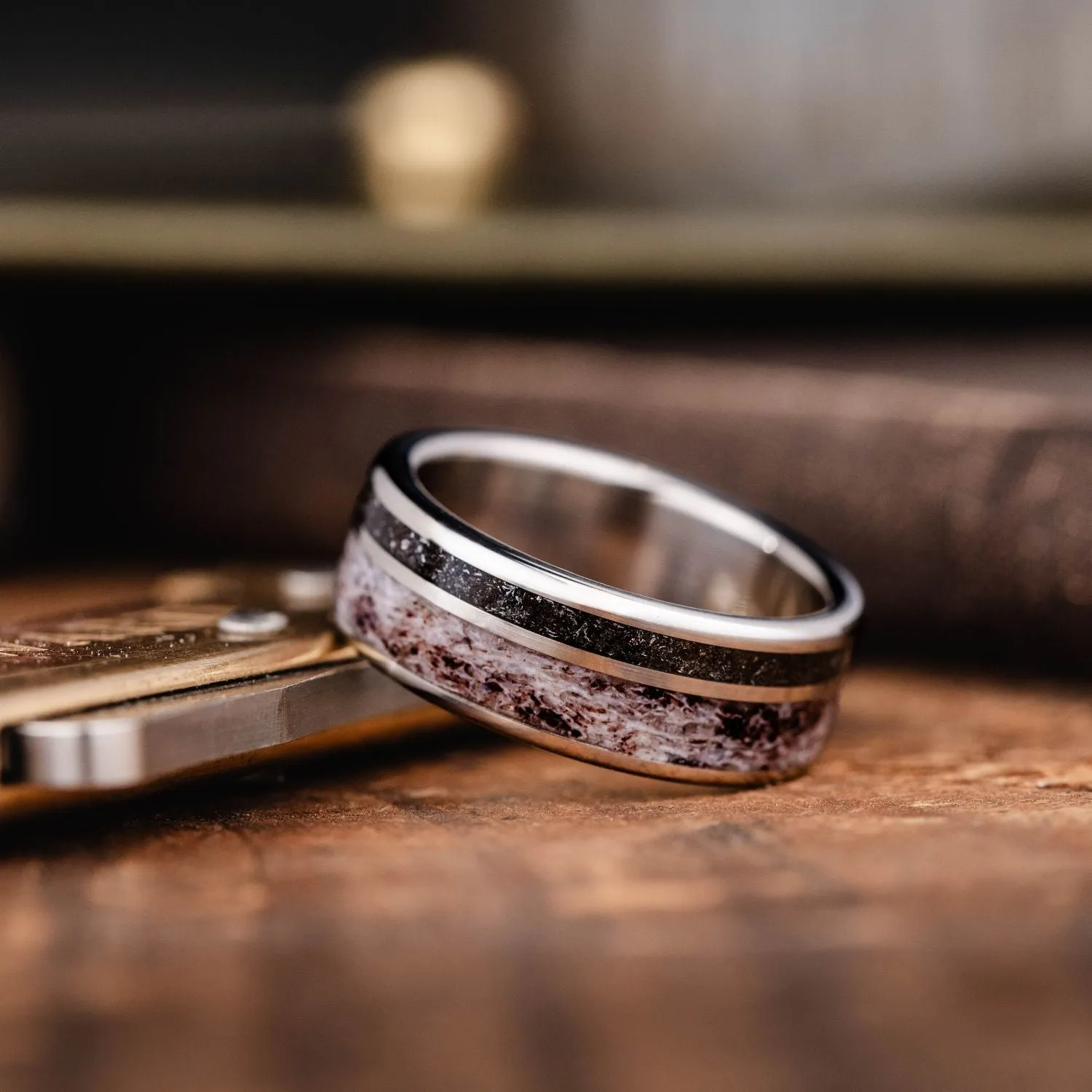 The Orion | Men's Gold Wedding Band with Meteorite & Elk Antler