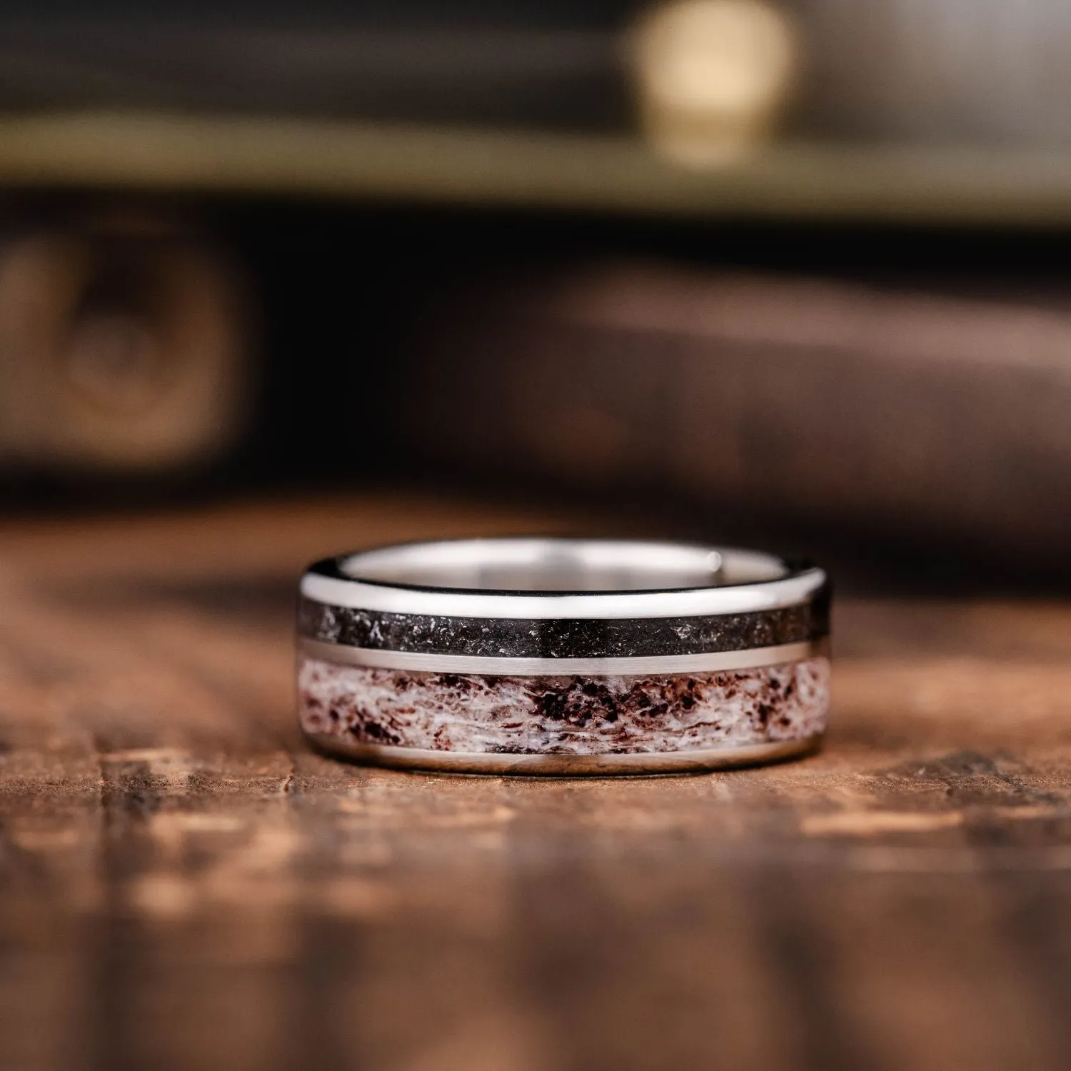 The Orion | Men's Gold Wedding Band with Meteorite & Elk Antler
