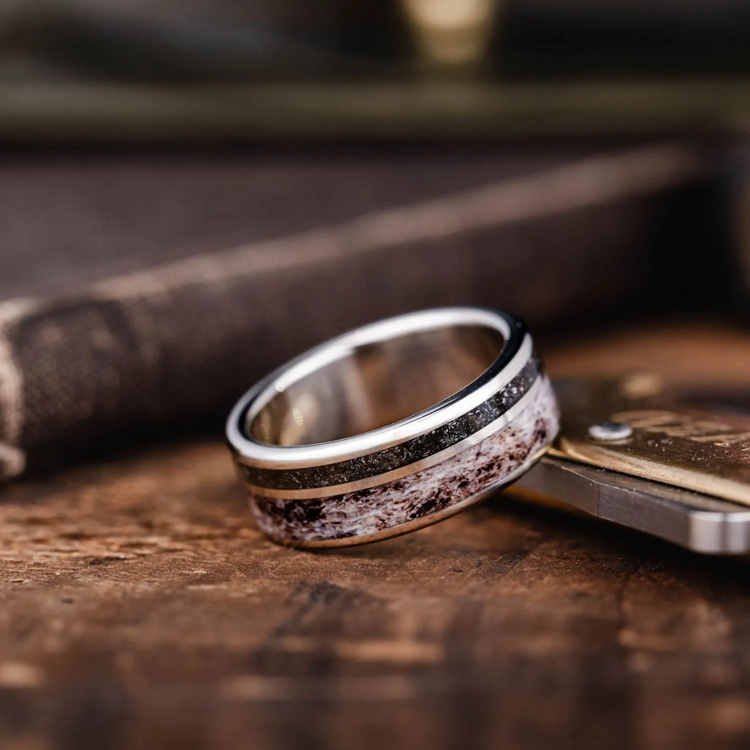 The Orion | Men's Gold Wedding Band with Meteorite & Elk Antler