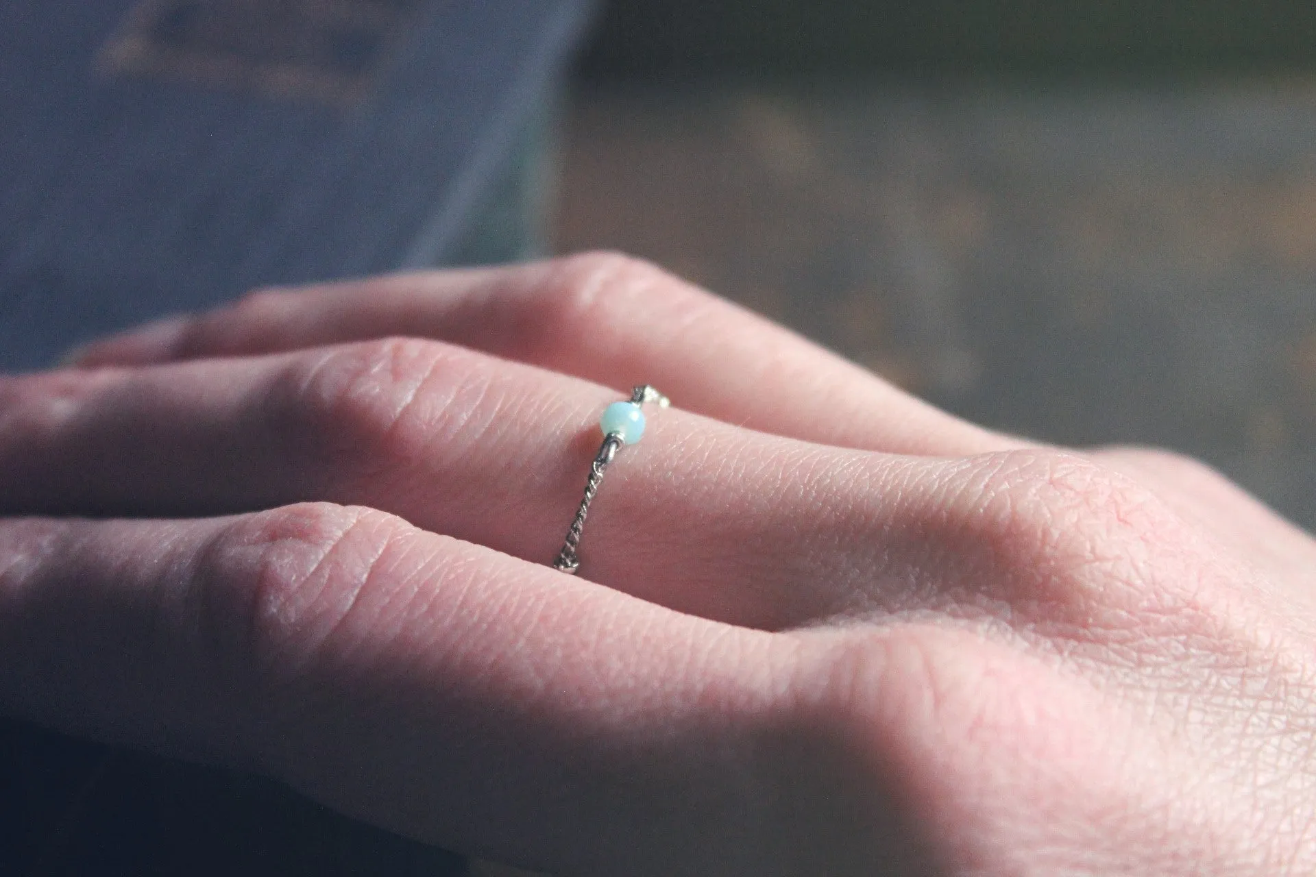 The Pip Ring | Sky. Bright Silver & Glass Bead Chain Ring.