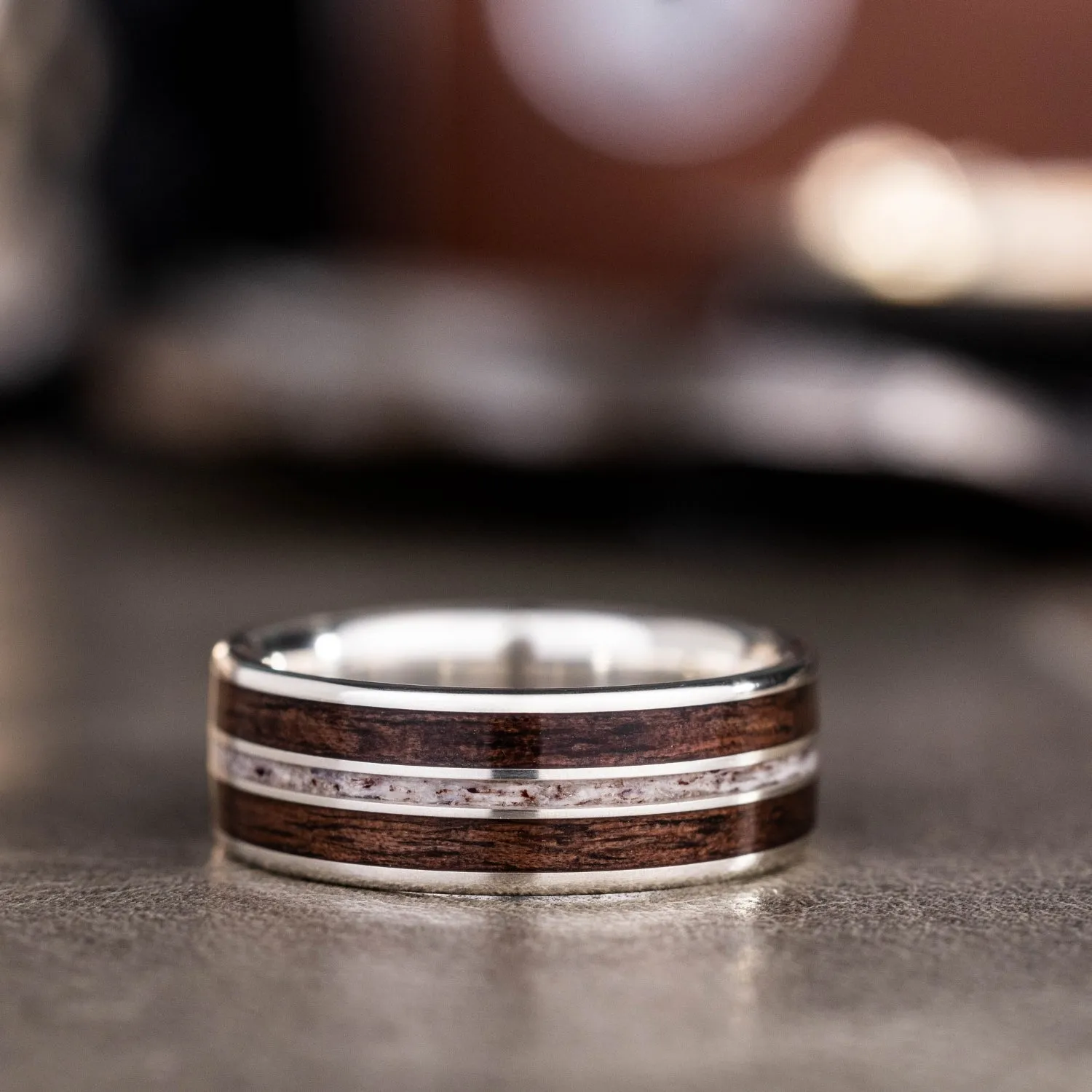 The Stag in Silver | Men's Silver Elk Antler Wedding Band with Walnut Wood