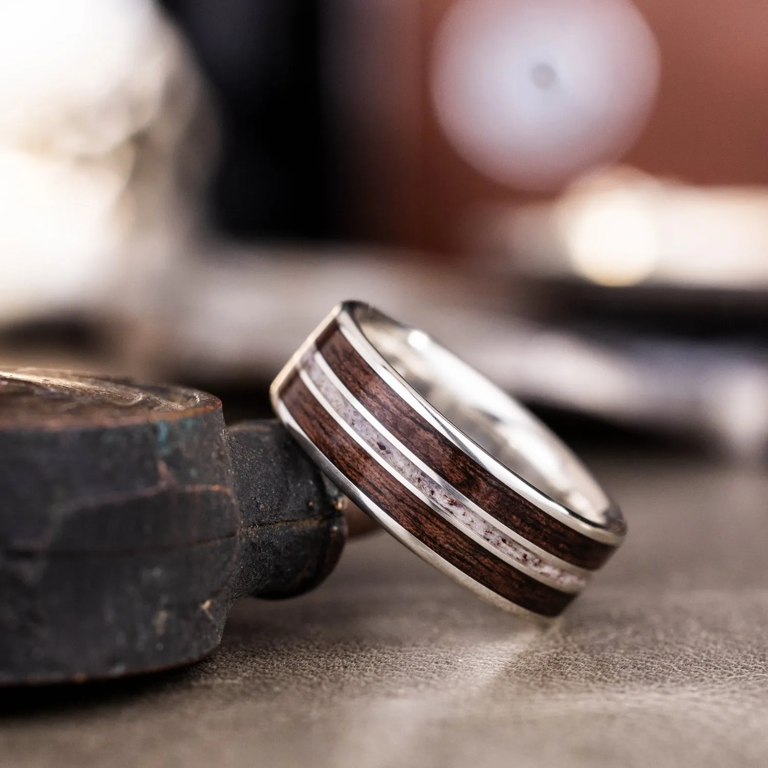 The Stag in Silver | Men's Silver Elk Antler Wedding Band with Walnut Wood