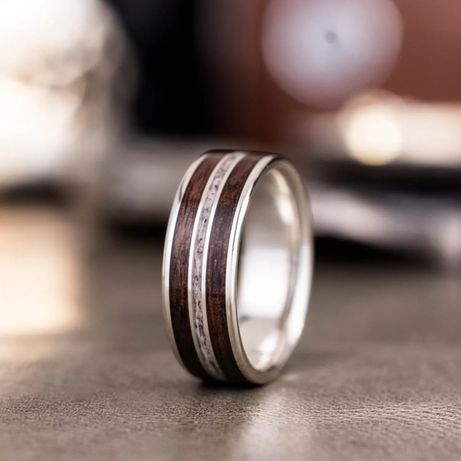 The Stag in Silver | Men's Silver Elk Antler Wedding Band with Walnut Wood
