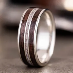 The Stag in Silver | Men's Silver Elk Antler Wedding Band with Walnut Wood