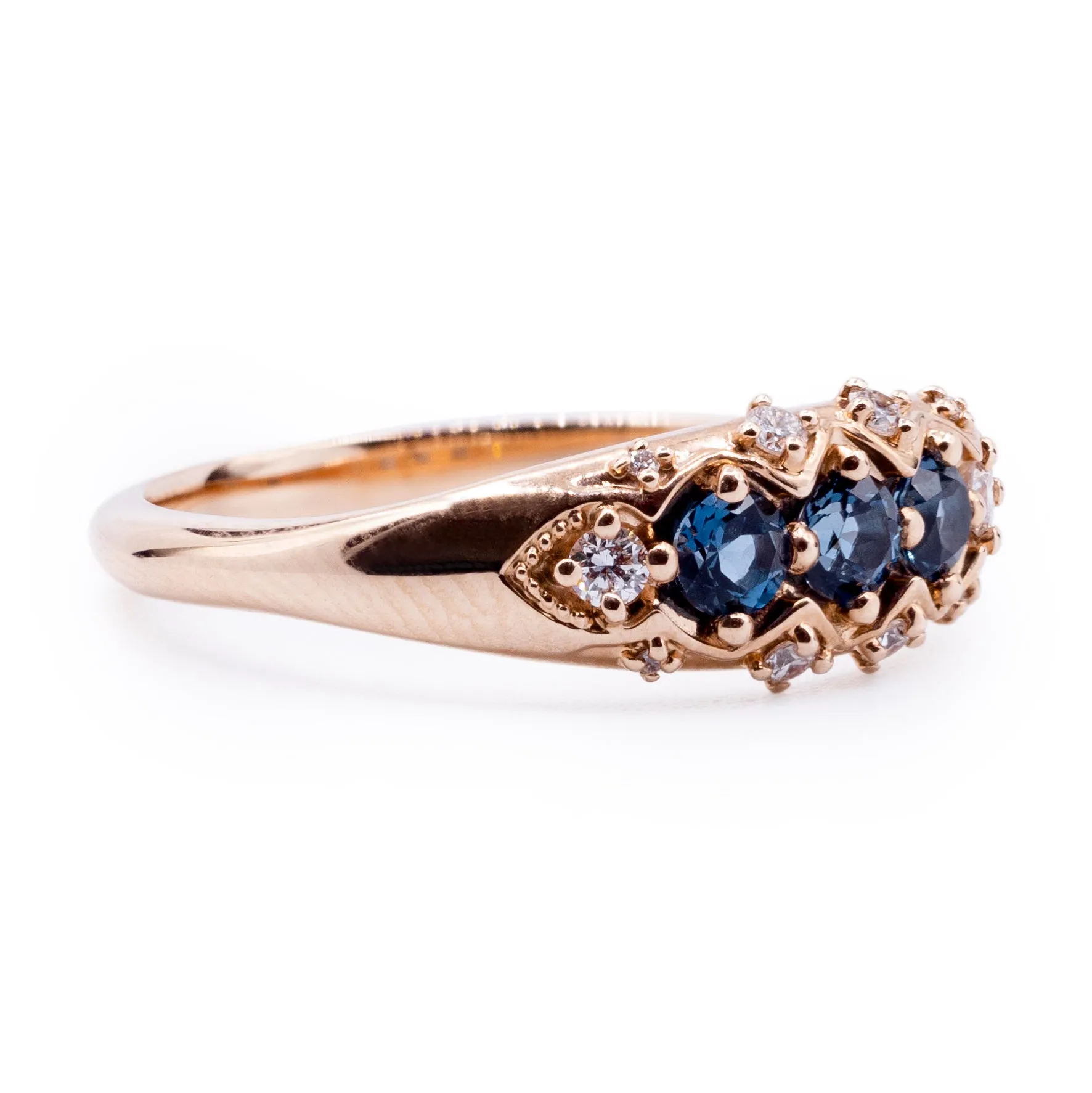 Three London Blue Topaz Stone Vintage Ring with Diamond Accents