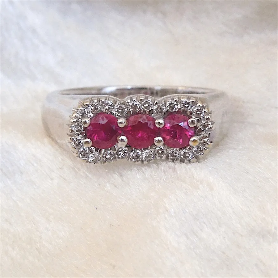 Three Ruby and Diamond Ring in 18K White Gold