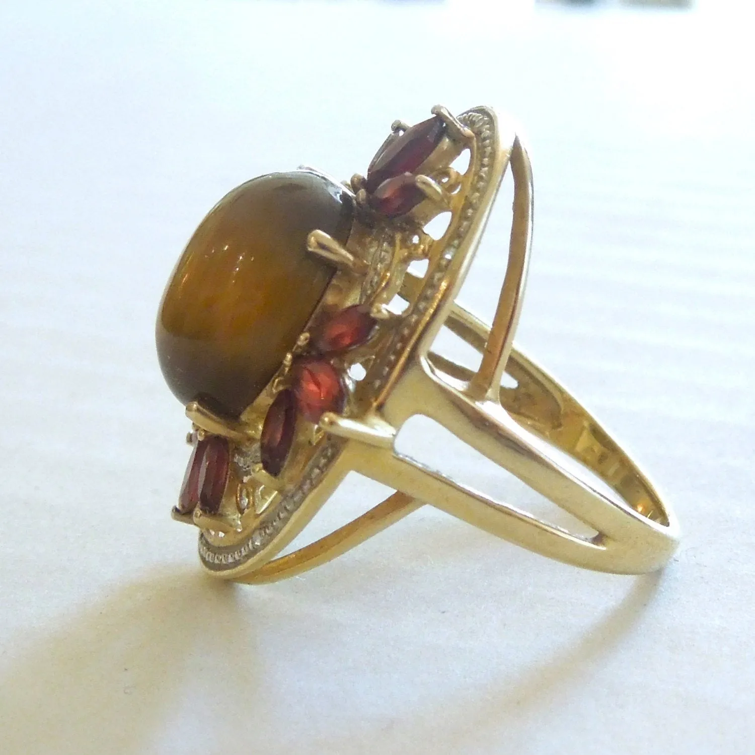 Tiger's Eye, Garnet, and Diamond Ring in Yellow Gold