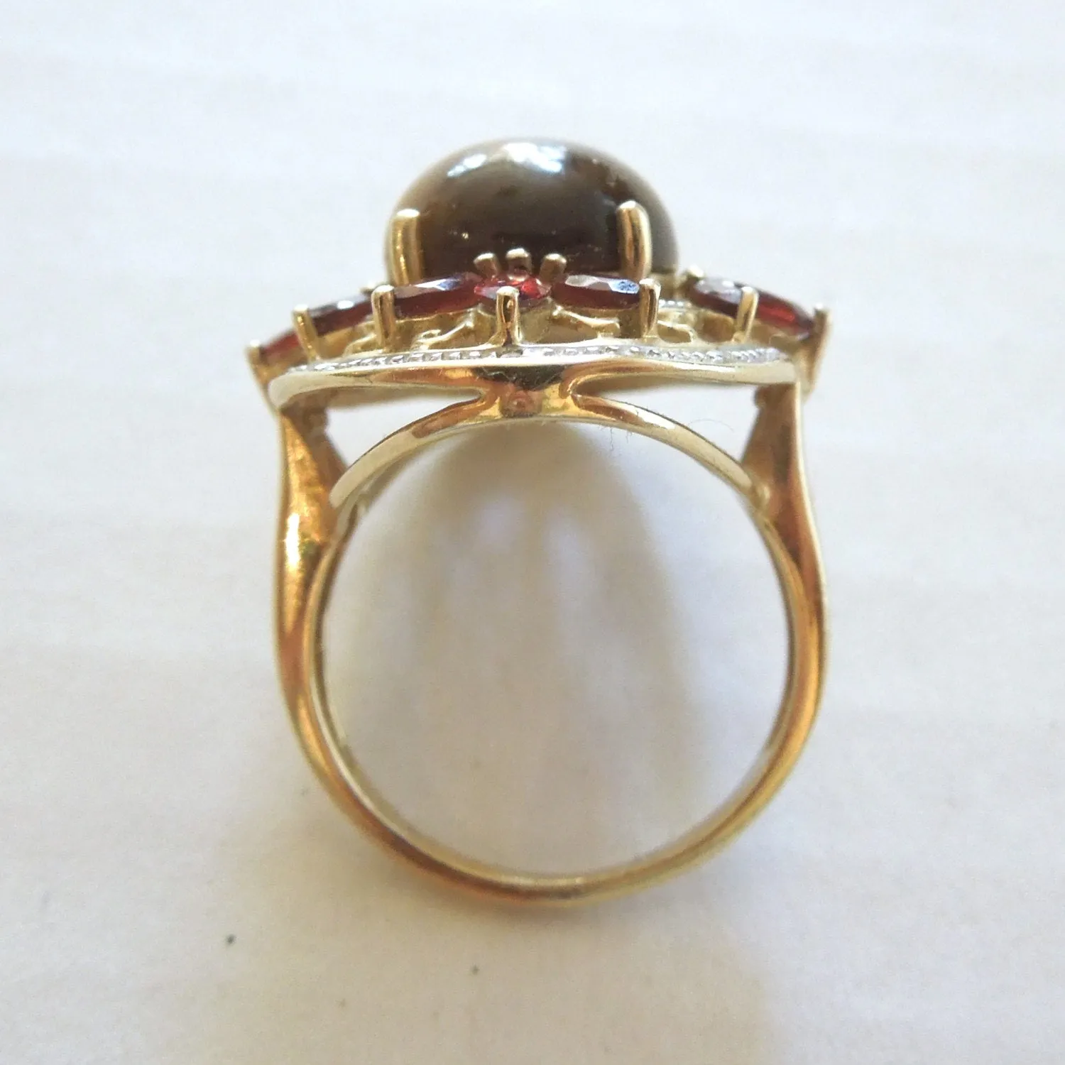 Tiger's Eye, Garnet, and Diamond Ring in Yellow Gold