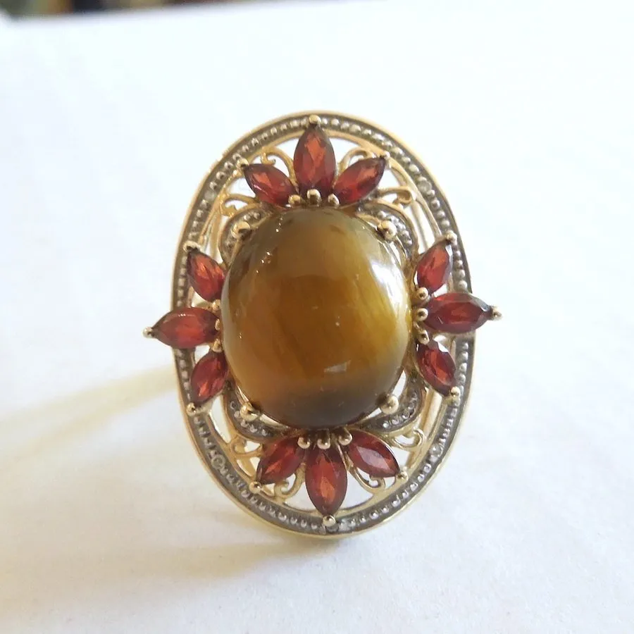 Tiger's Eye, Garnet, and Diamond Ring in Yellow Gold