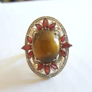 Tiger's Eye, Garnet, and Diamond Ring in Yellow Gold