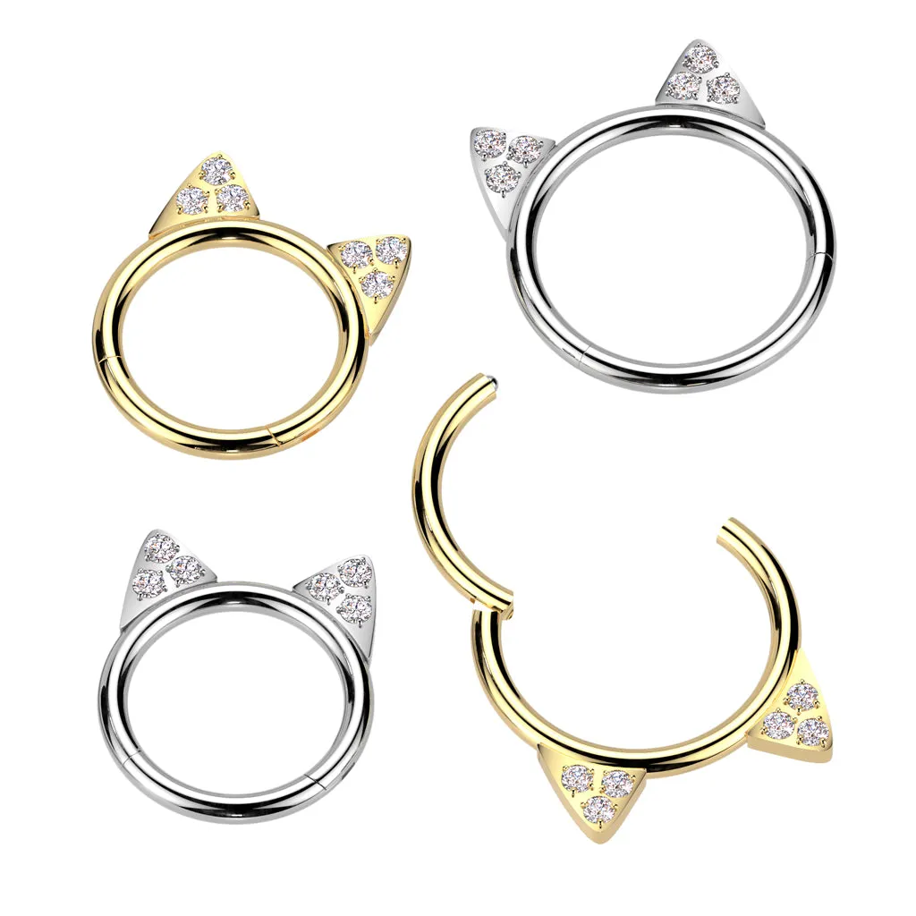 Titanium CZ Paved Kitty Ear Hinged Segment Hoop Ring Nose Cartilage