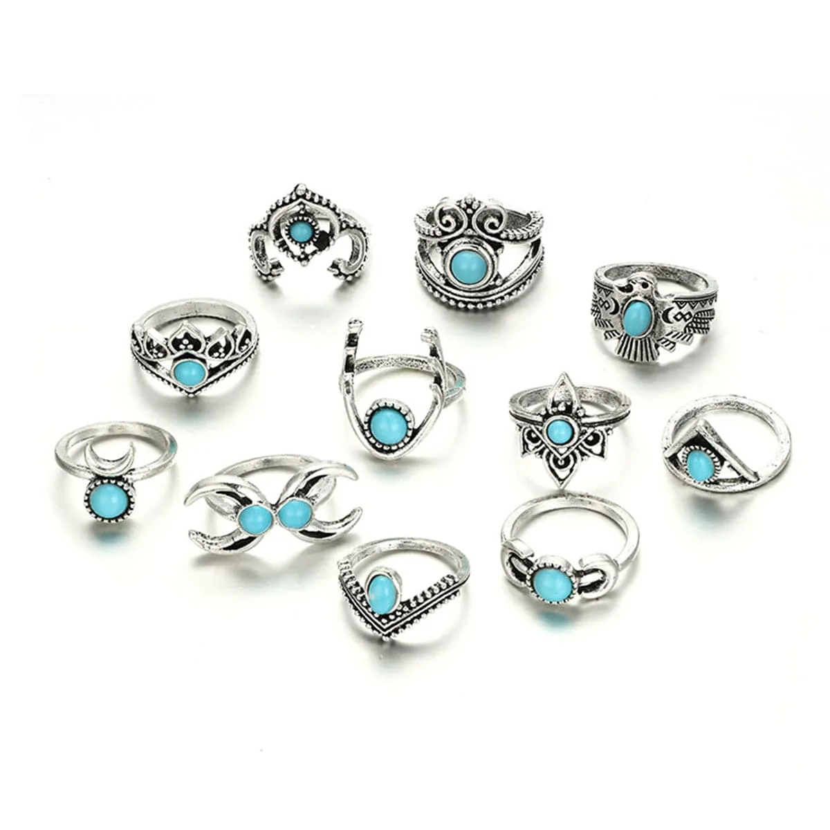 Turquoise & Silver-Plated Crescent Moon Ring Set
