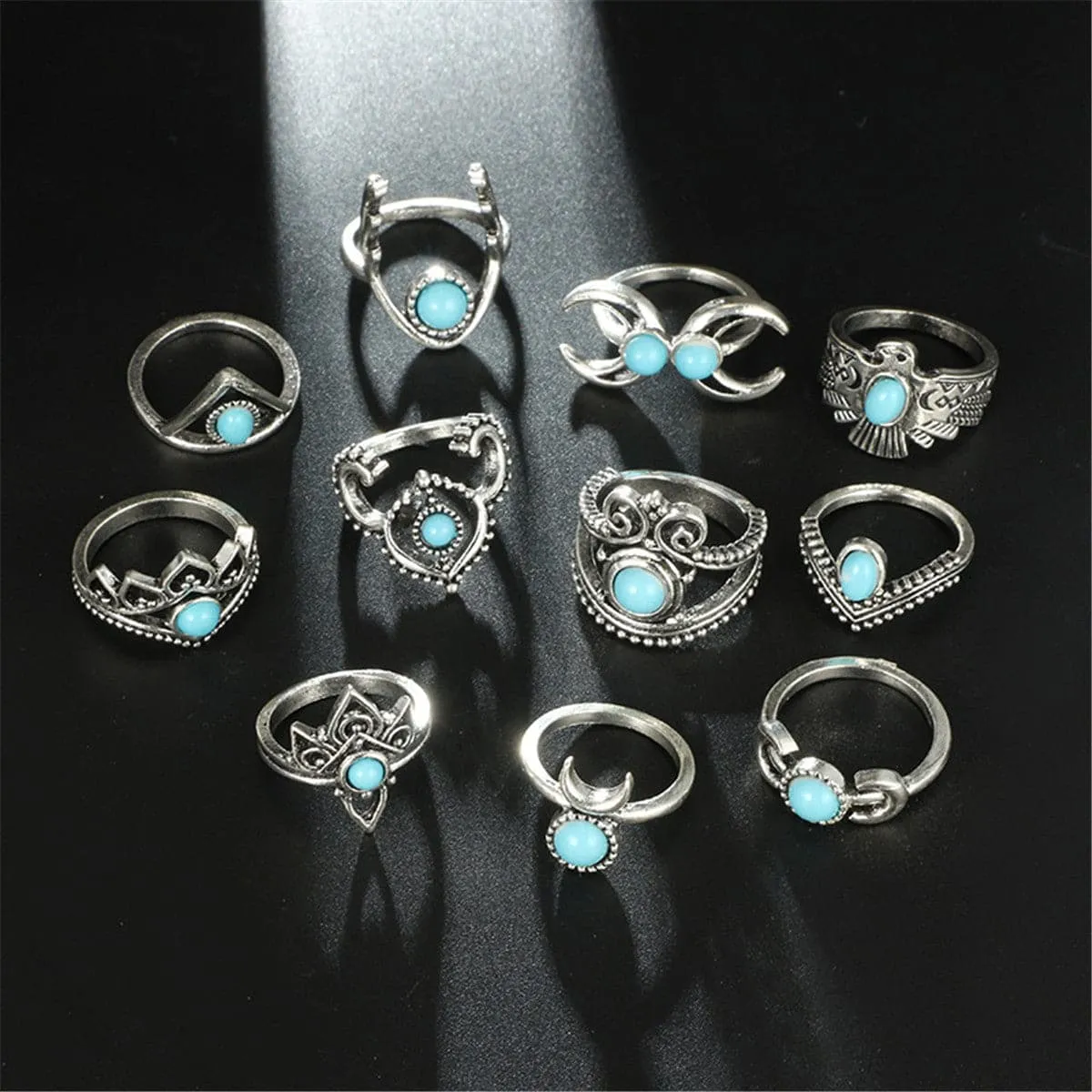Turquoise & Silver-Plated Crescent Moon Ring Set