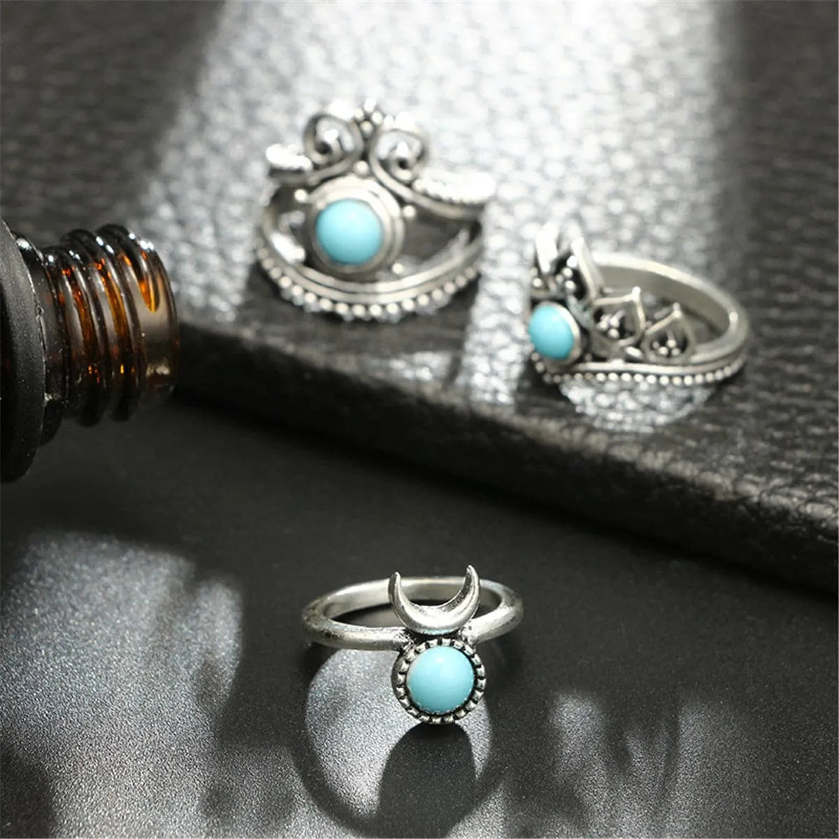 Turquoise & Silver-Plated Crescent Moon Ring Set