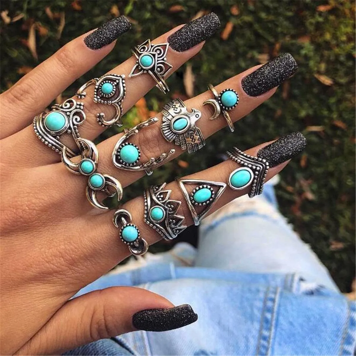 Turquoise & Silver-Plated Crescent Moon Ring Set