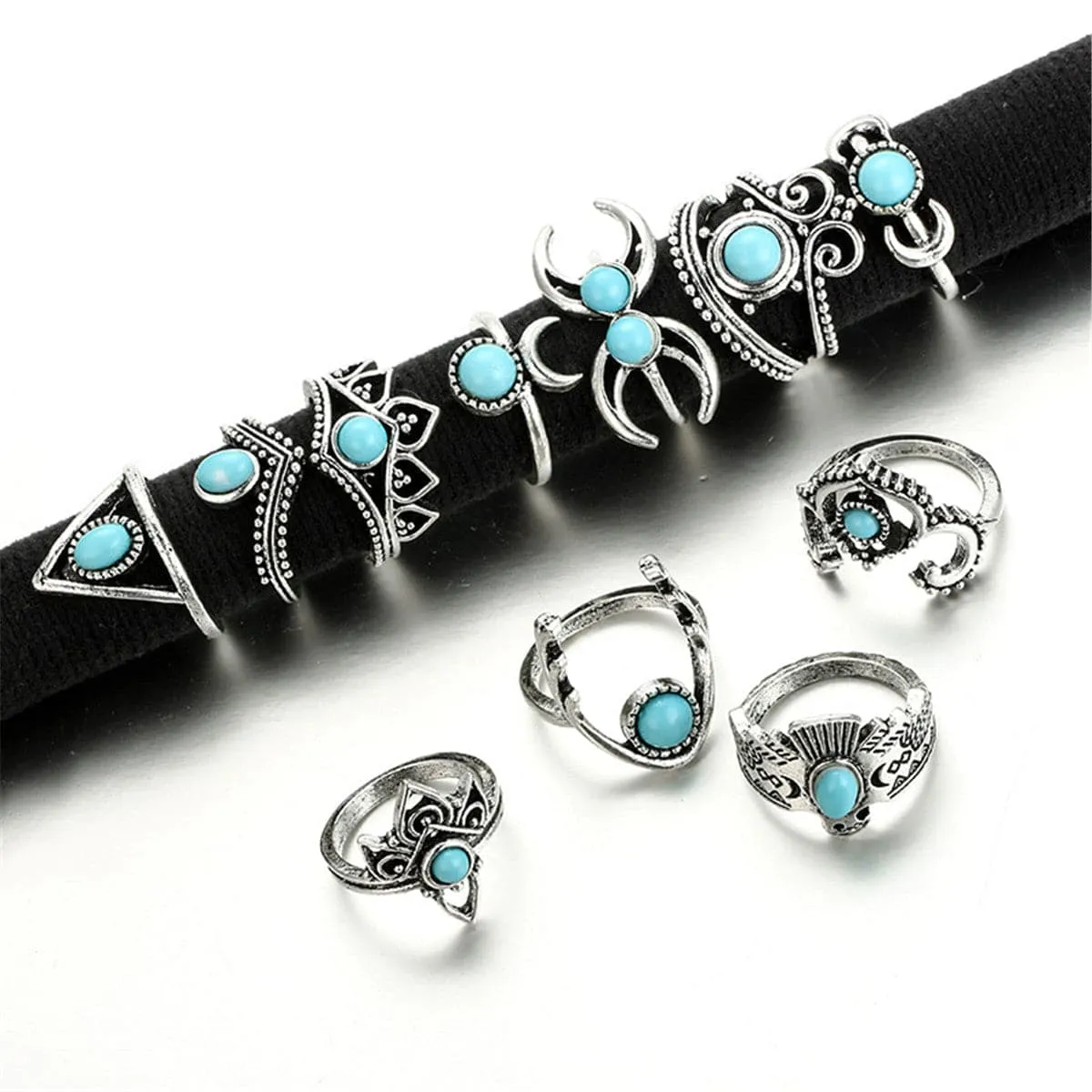 Turquoise & Silver-Plated Crescent Moon Ring Set