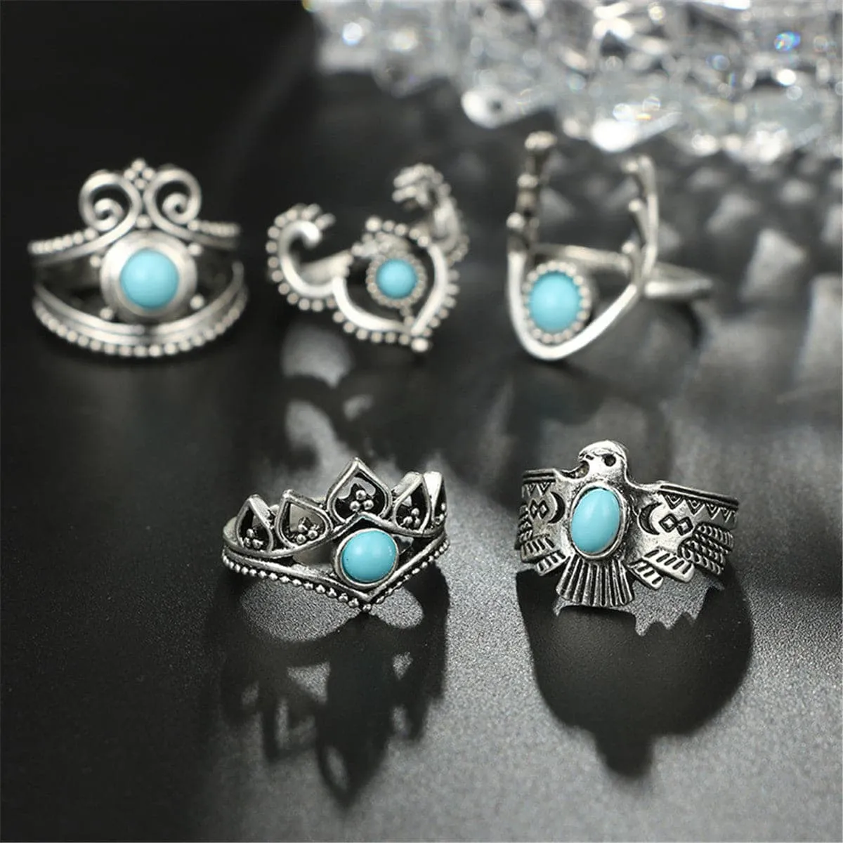 Turquoise & Silver-Plated Crescent Moon Ring Set