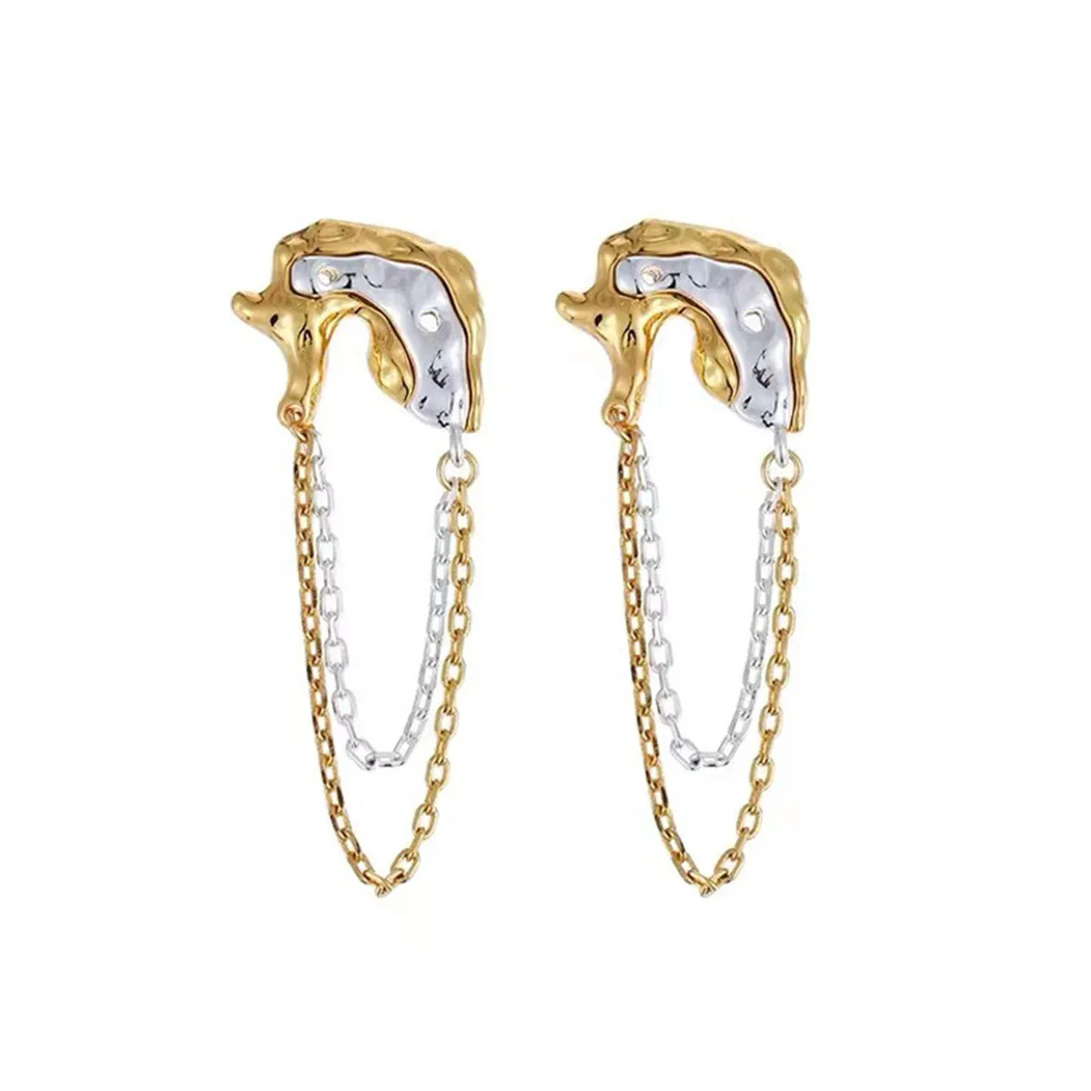 Two-Tone Abstract Hammered Chain Drop Earrings
