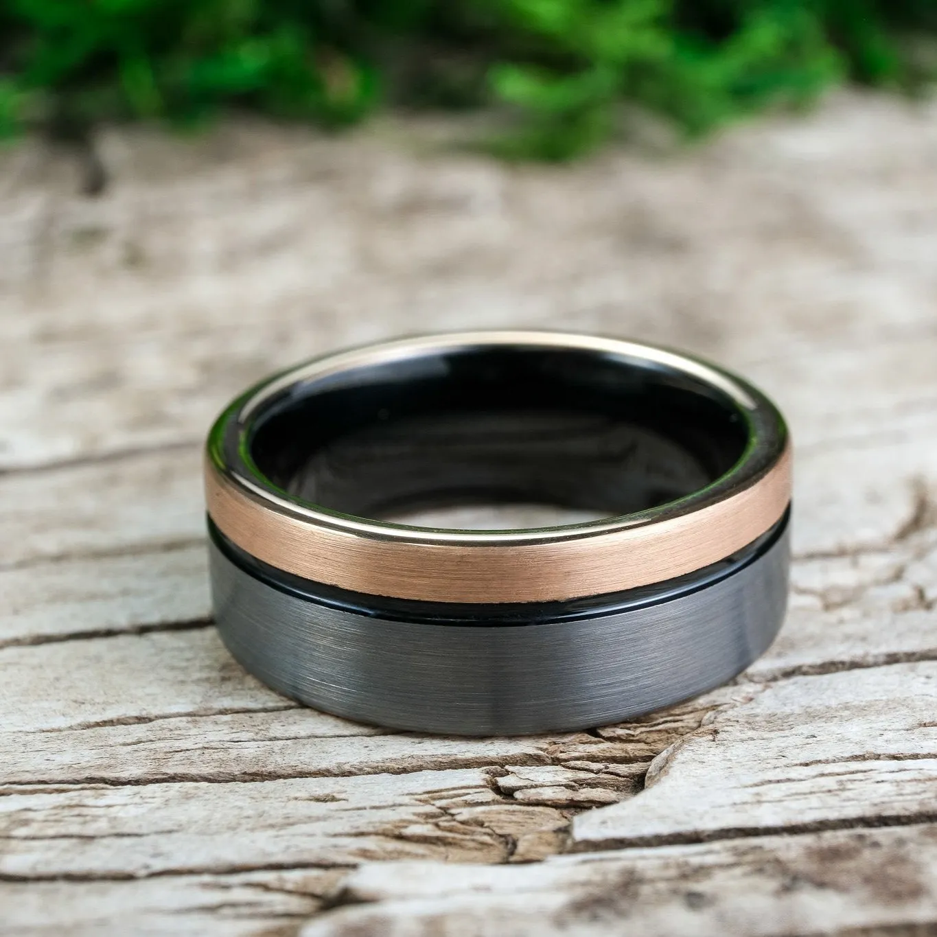 Two-Tone Brushed Silver & Rose Gold / Black Stripe & Interior - 8mm