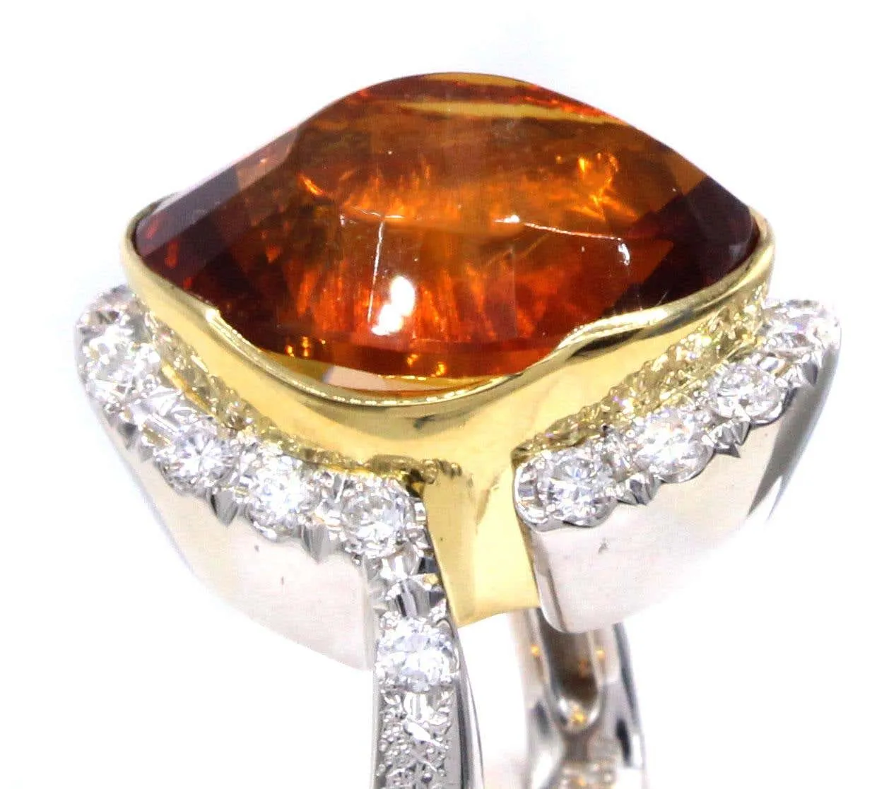 Unique 1970s Madeira Citrine Diamond Platinum 18 Karat Gold Ring