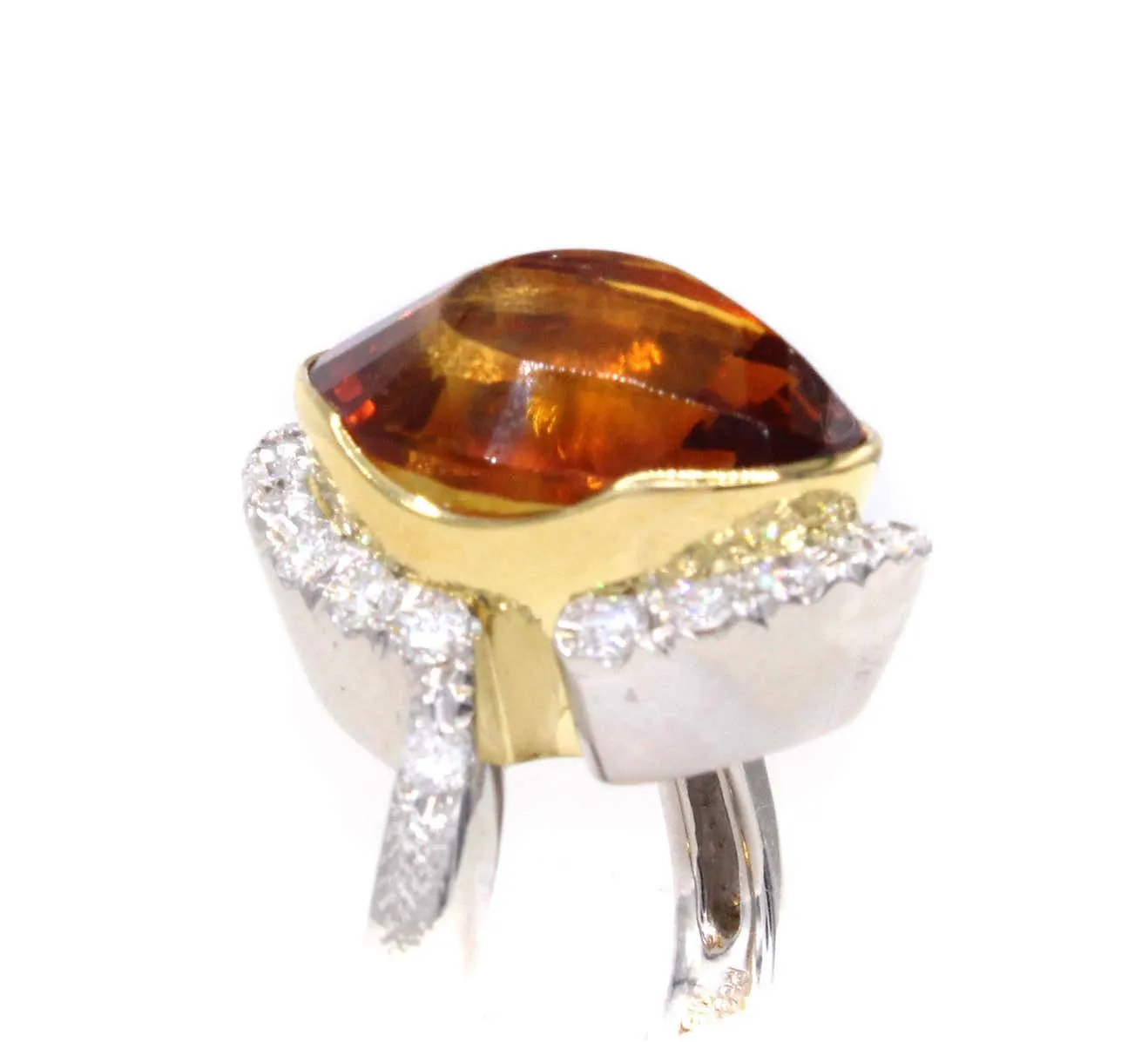 Unique 1970s Madeira Citrine Diamond Platinum 18 Karat Gold Ring