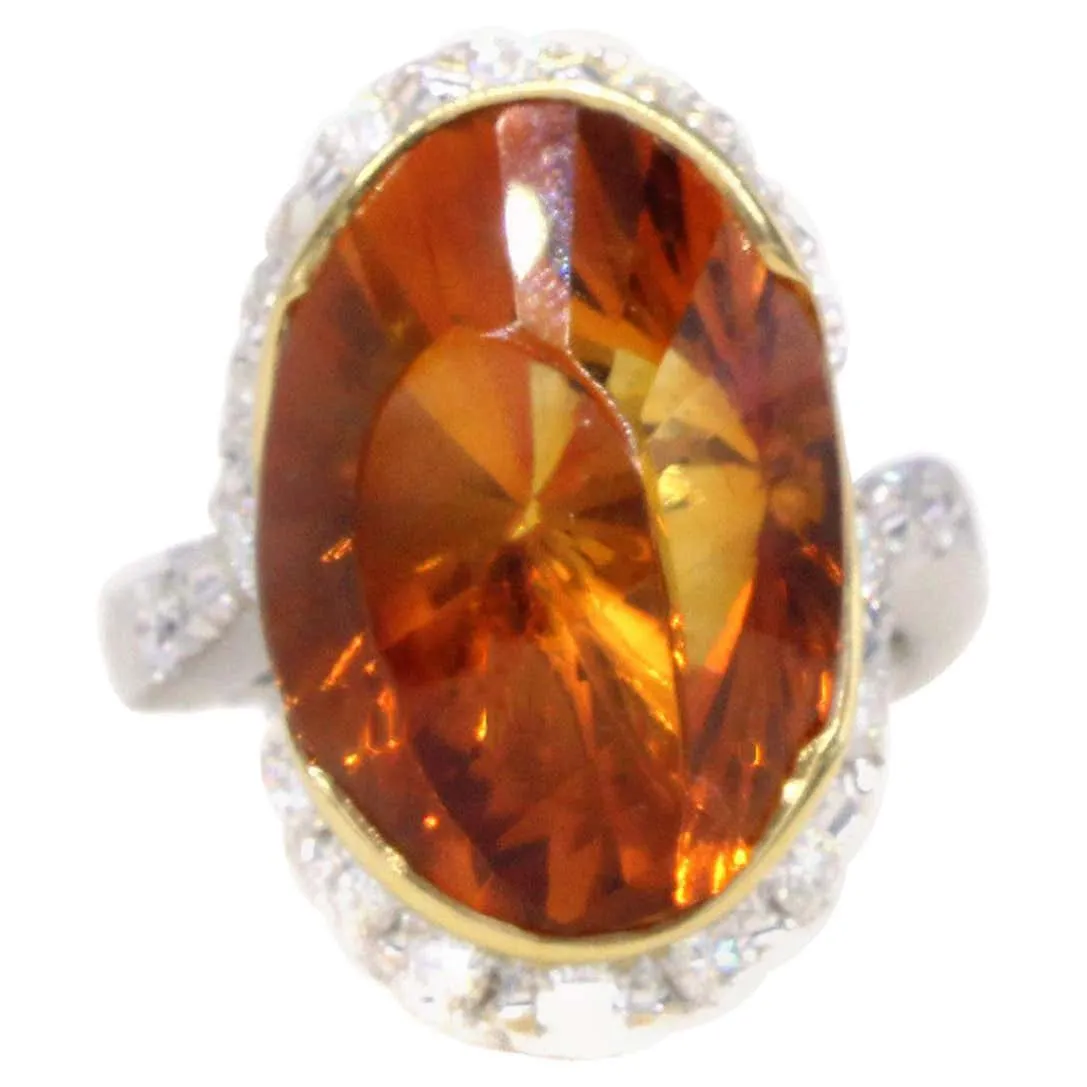 Unique 1970s Madeira Citrine Diamond Platinum 18 Karat Gold Ring